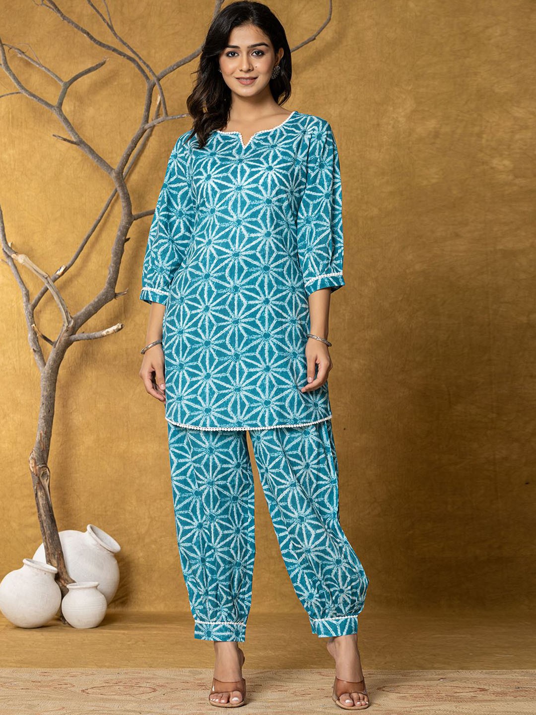 

Haute and Humble Printed Pure Cotton Tunic With Trouser, Turquoise blue