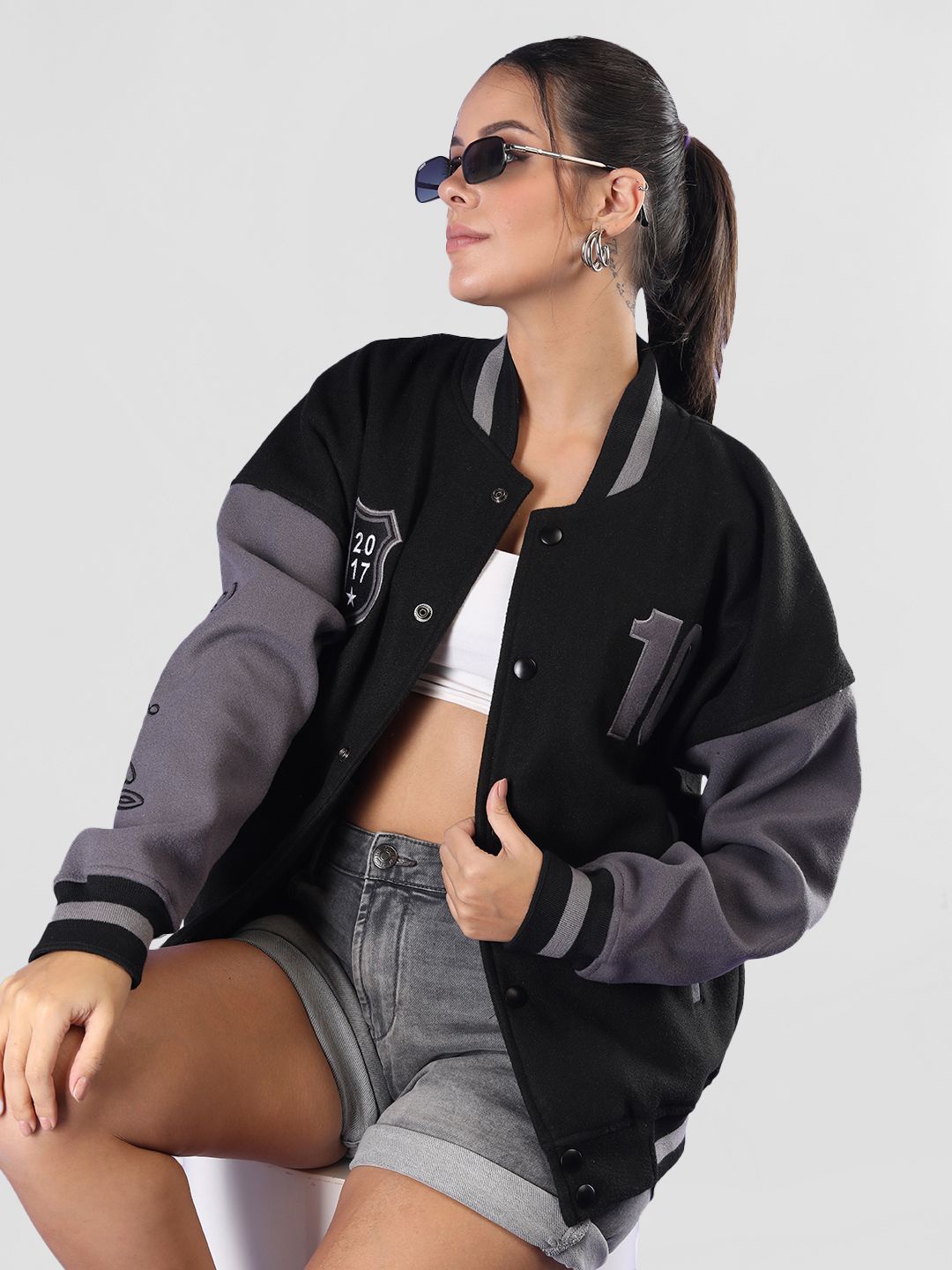 

CHKOKKO Women Colourblocked Running Varsity Jacket, Black