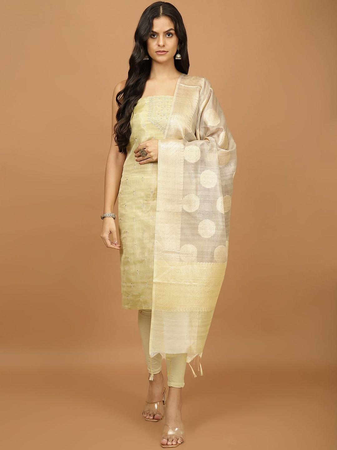

Meena Bazaar Floral Embroidered Sequinned Art Silk Unstitched Dress Material, Gold