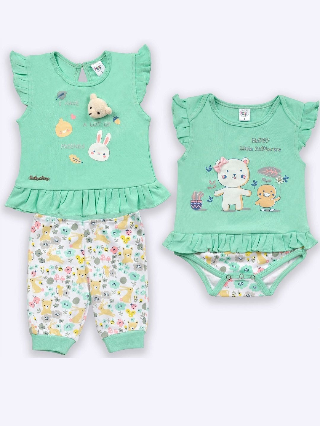 

Babys Day Girls Pack Of 3 Printed Round Neck Pure Cotton Top with Shorts & Baby Romper, Green