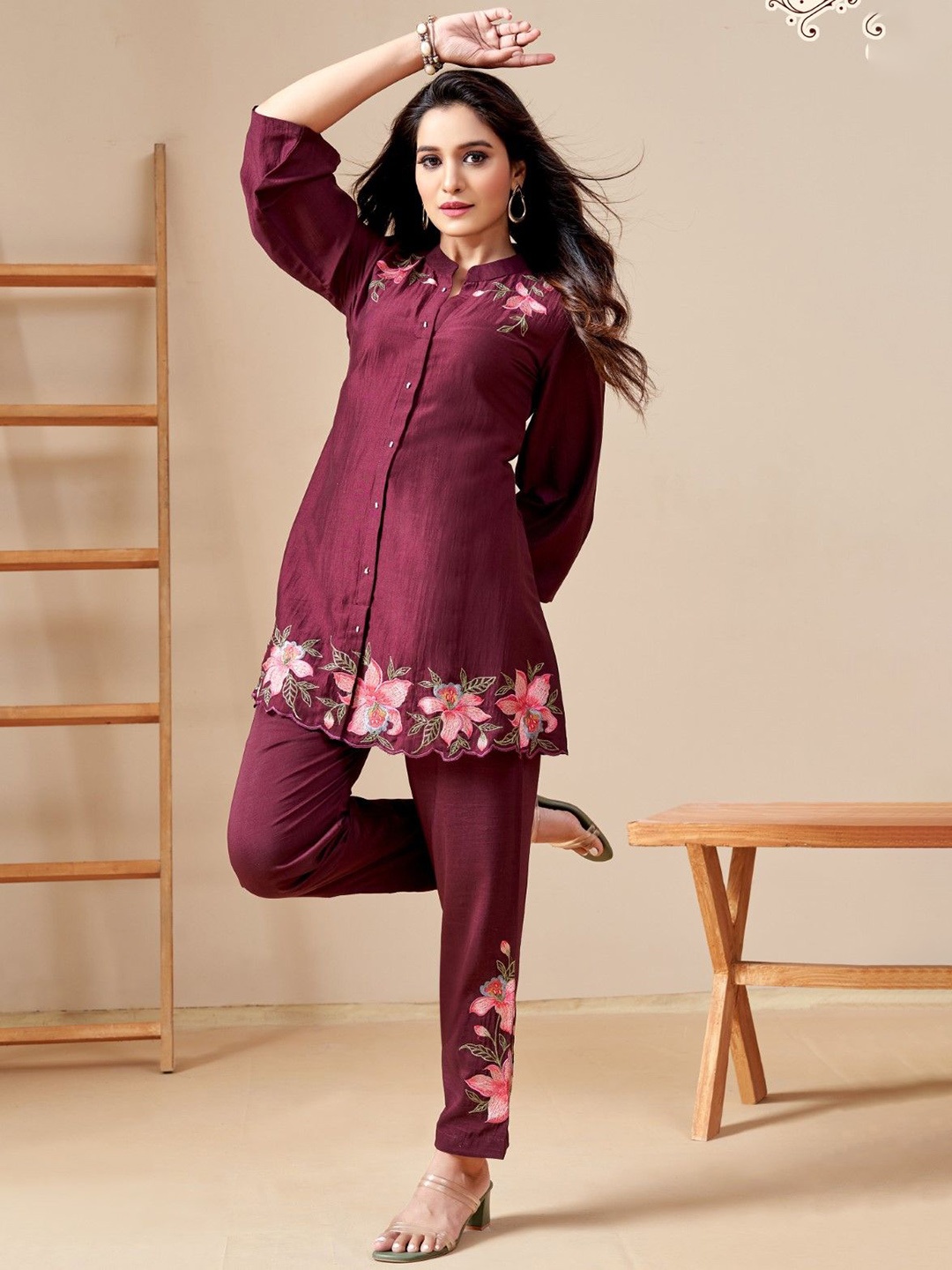 

AUTUMN LANE Floral Embroidered Tunic & Trouser, Maroon