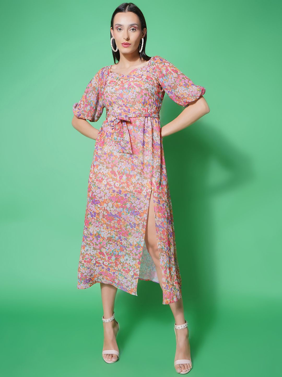 

BAESD Floral Printed Georgette A-Line Midi Dress, Pink