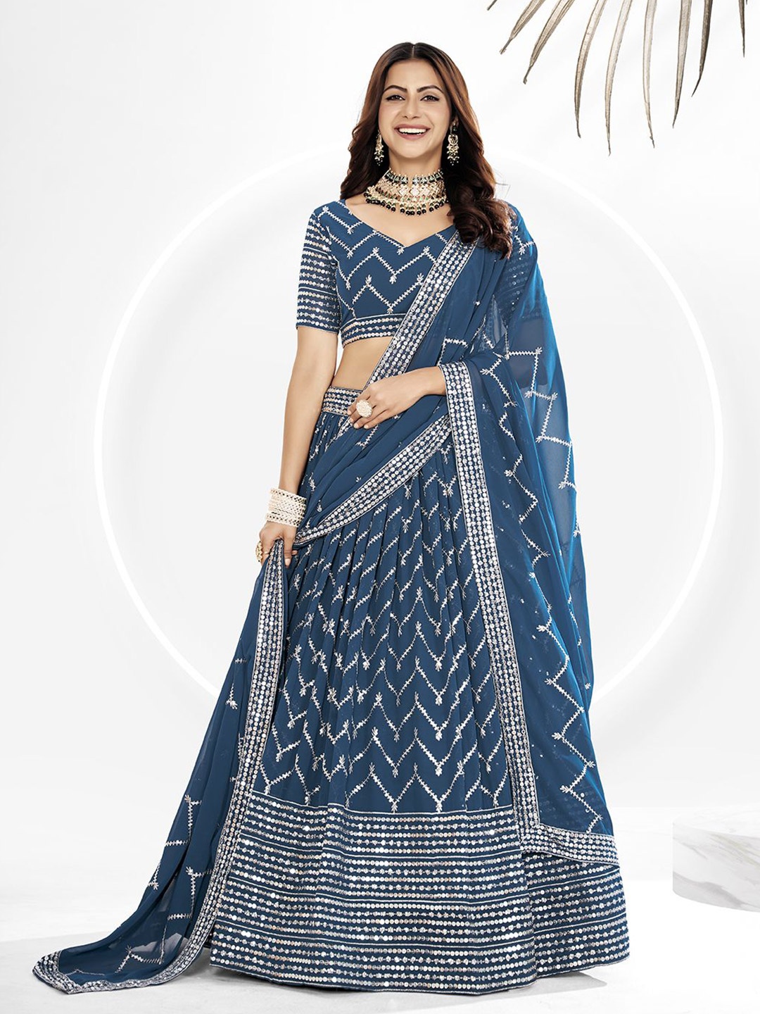 

Shee Star Embroidered Semi-Stitched Lehenga & Unstitched Blouse With Dupatta, Blue