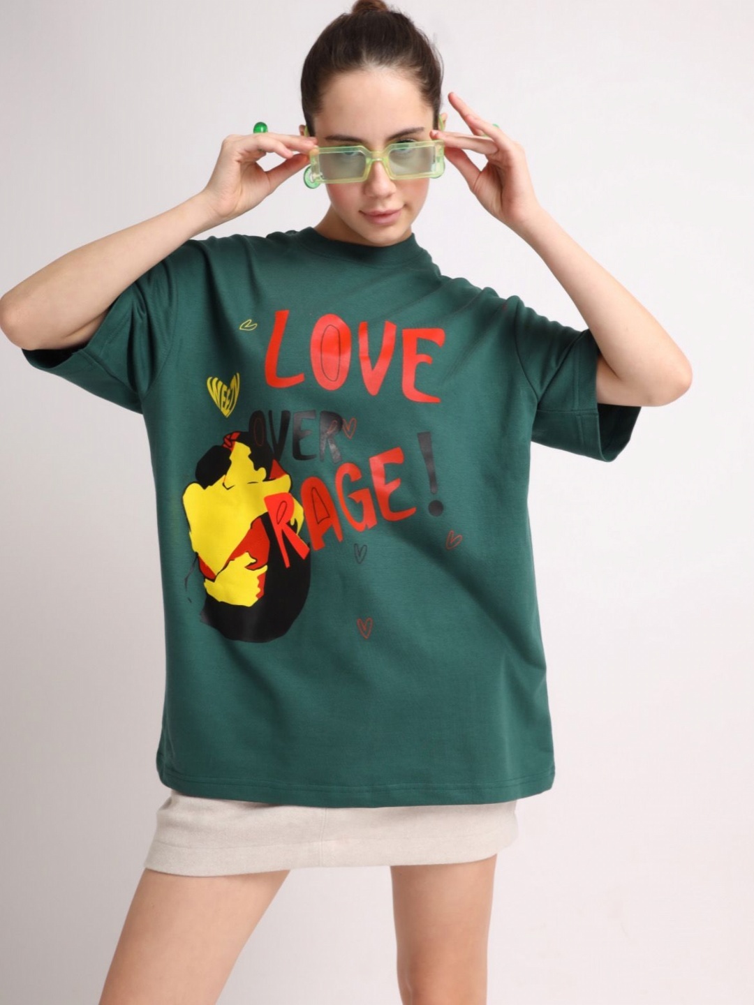 

Weezy Women Cotton Round Neck Half Sleeve Graphic Printed Oversized T-shirt, Green