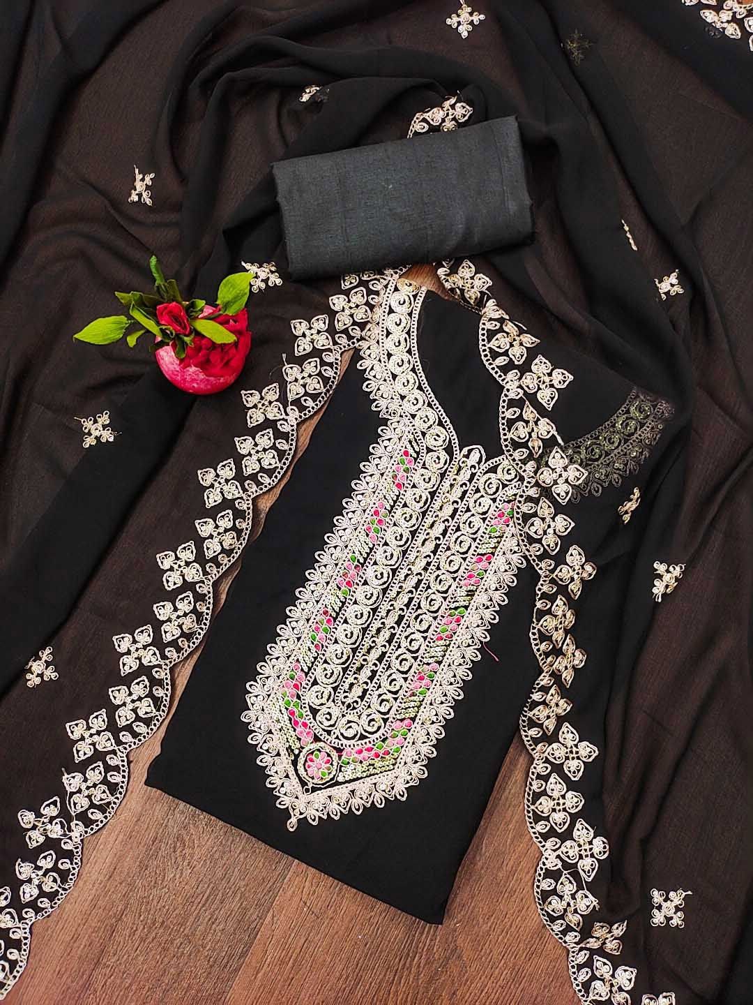 

Ishin Floral Embroidered Silk Georgette Unstitched Dress Material, Black