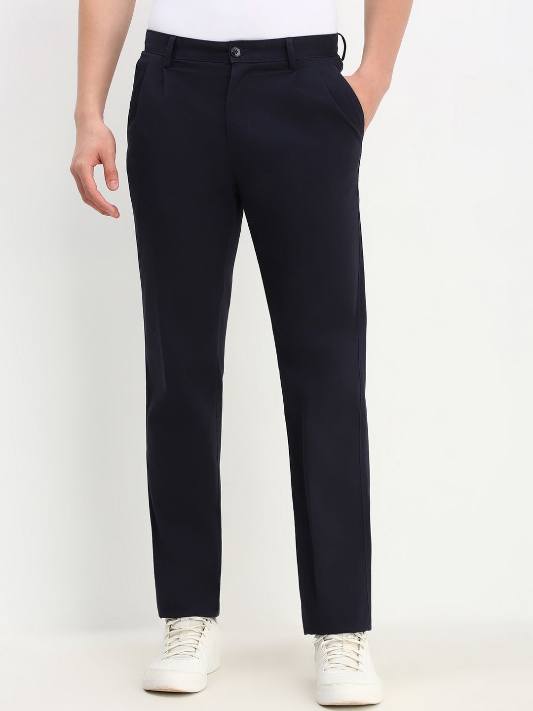 

Allen Solly Men Solid Mid-Rise Regular Fit Trousers, Navy blue