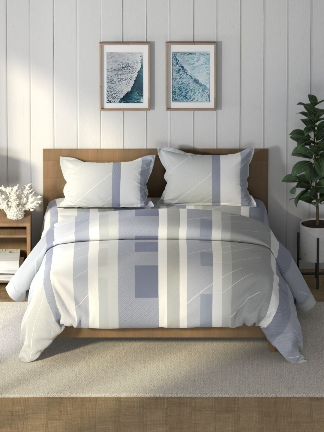 

Nautica Blue & White Geometric Printed Pure Cotton AC Room Double Queen Bedding Set