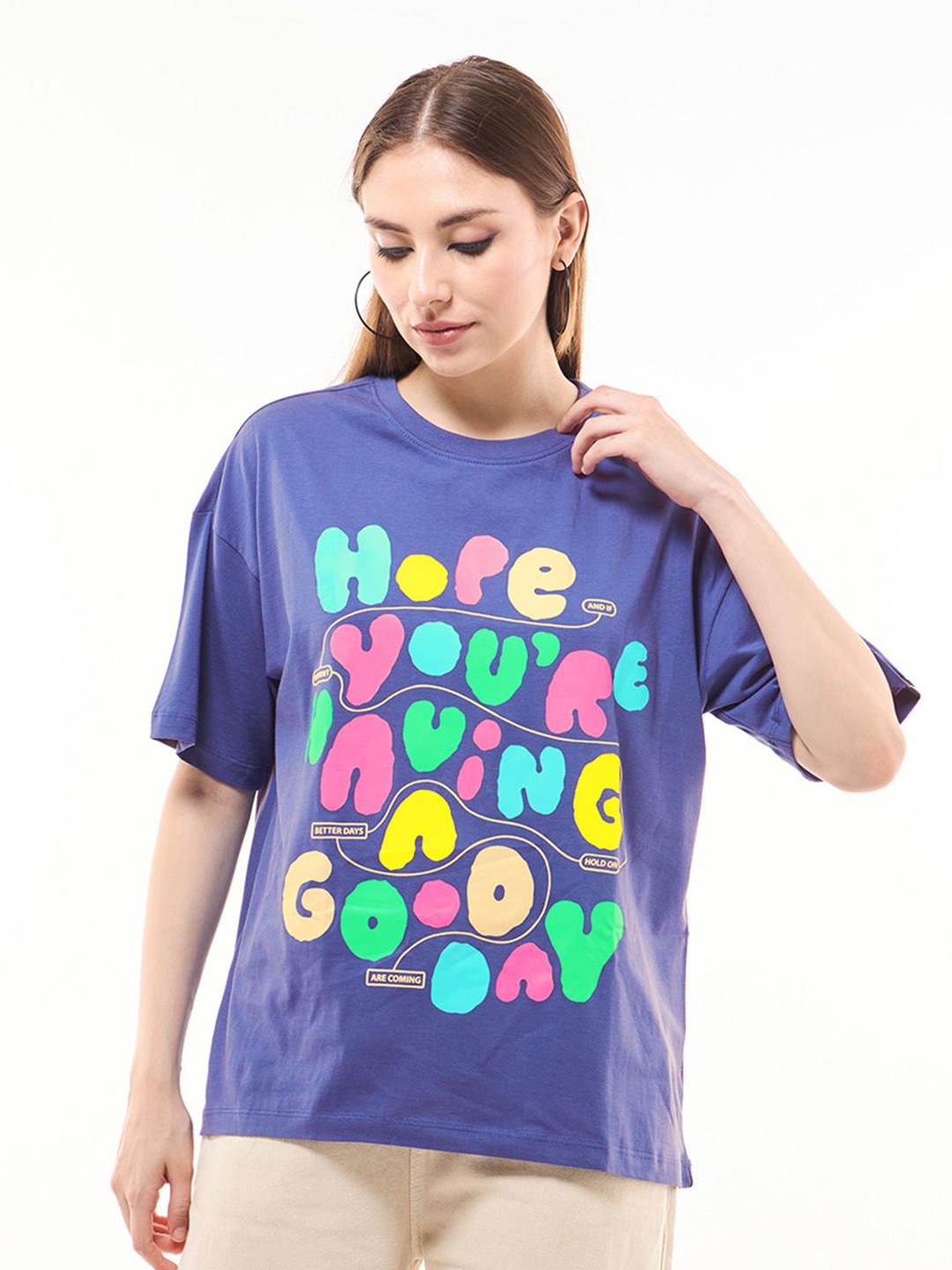

Bewakoof Women Typography Printed Round Neck Pure Cotton Oversized T-shirt, Blue