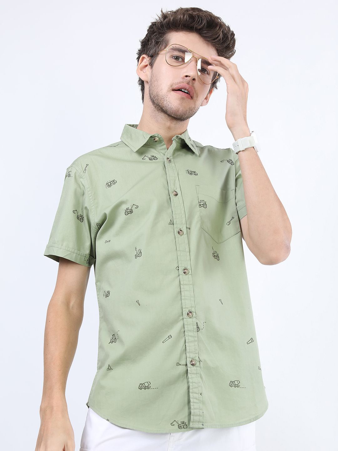 

Ketch Mens Printed Casual Slim Fit Shirt, Olive