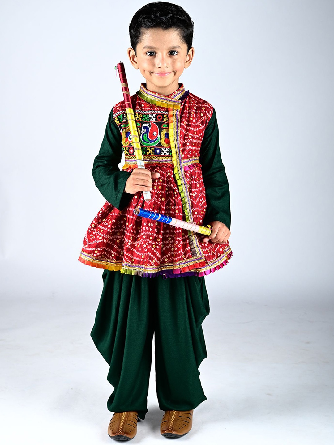 

AGLARE Boys Bandhani Printed Mirror Work Kurta with Dhoti Pants, Red