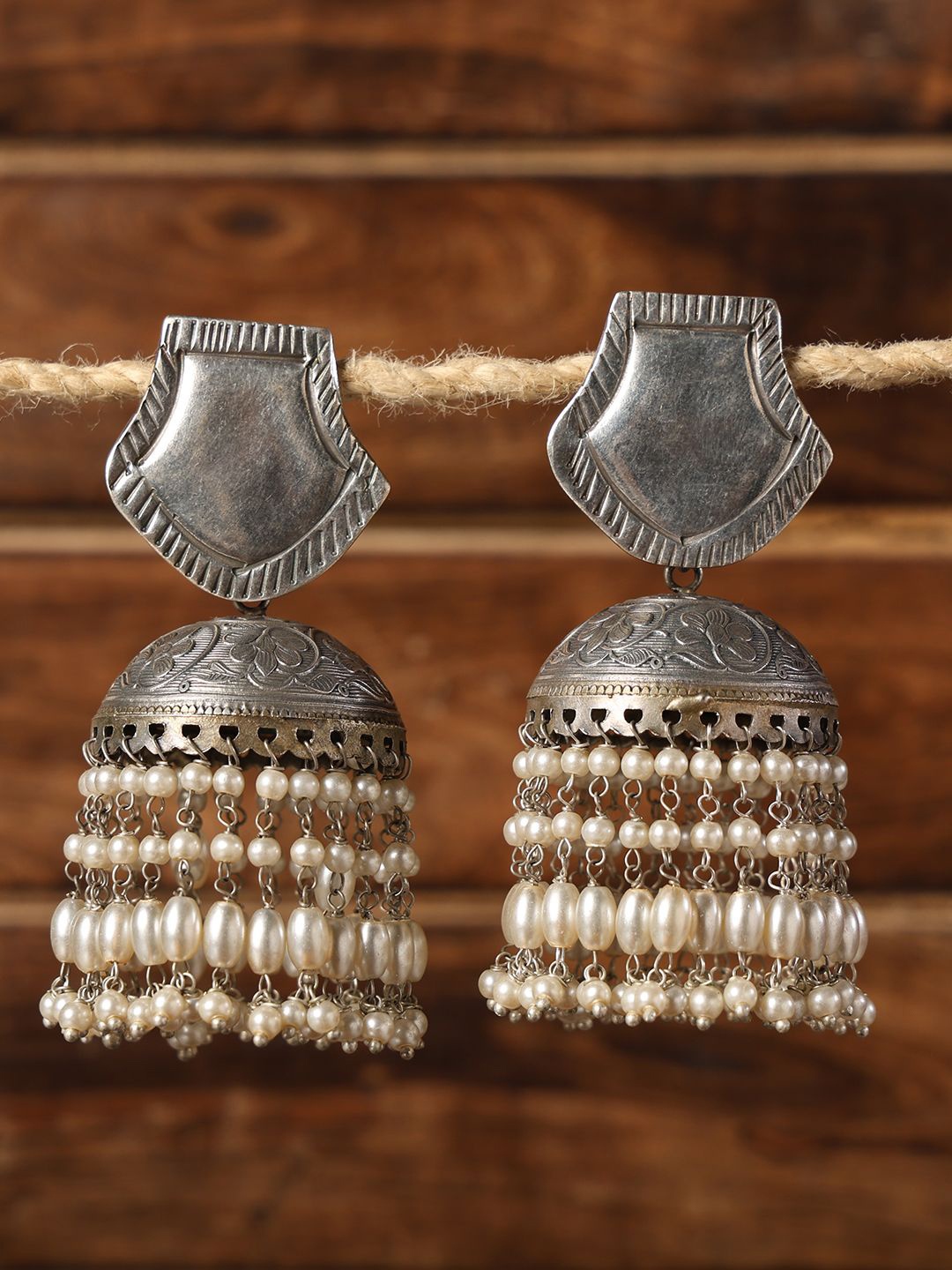 

VENI 92.5 Silver-Plated Oxidised Beaded Jhumkas