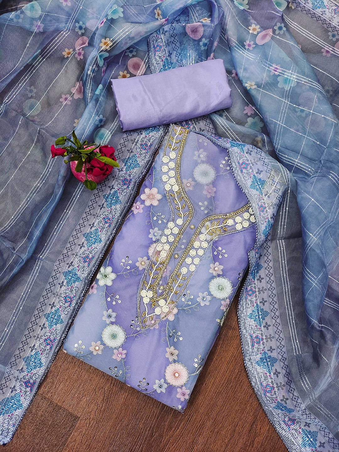 

Ishin Floral Embroidered Beads and Stones Organza Unstitched Dress Material, Purple