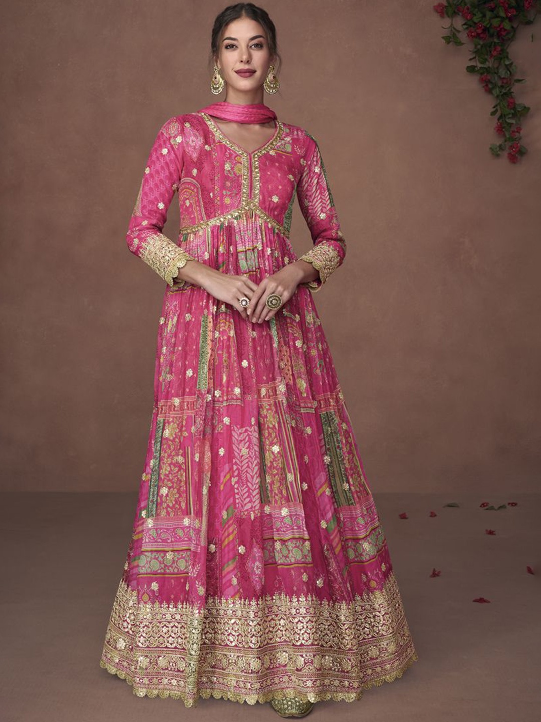 

ASISA Floral Woven Design Sequinned Organza Anarkali Kurta With Dupatta, Magenta