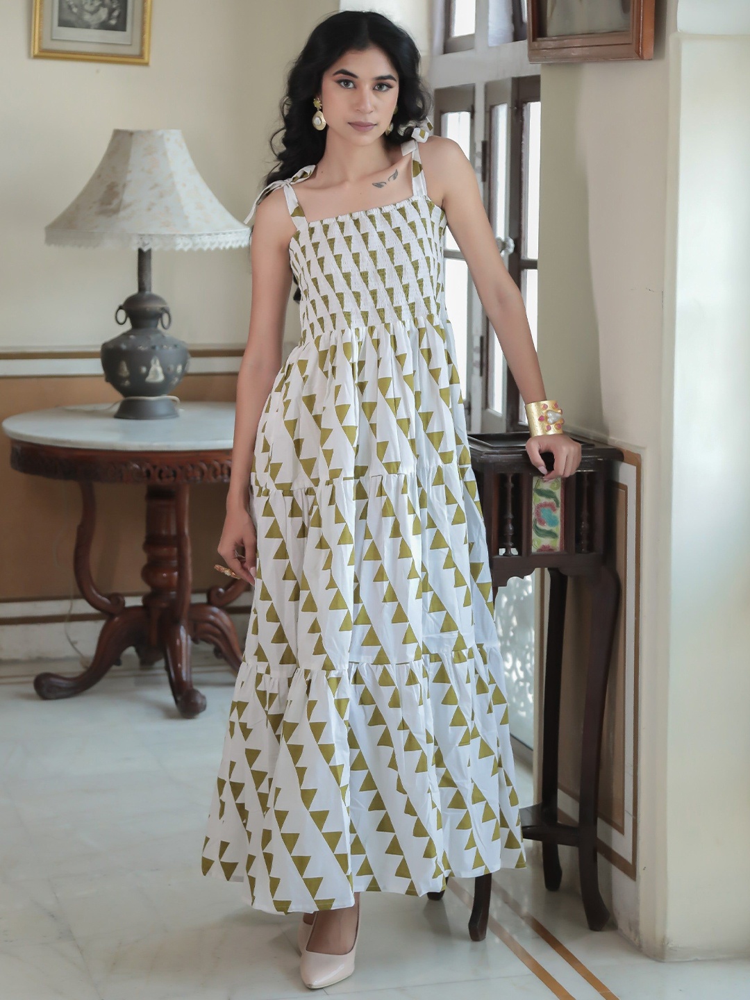 

MOONSTRUCK Women Geometric Printed Square Neck Maxi Dress, Green