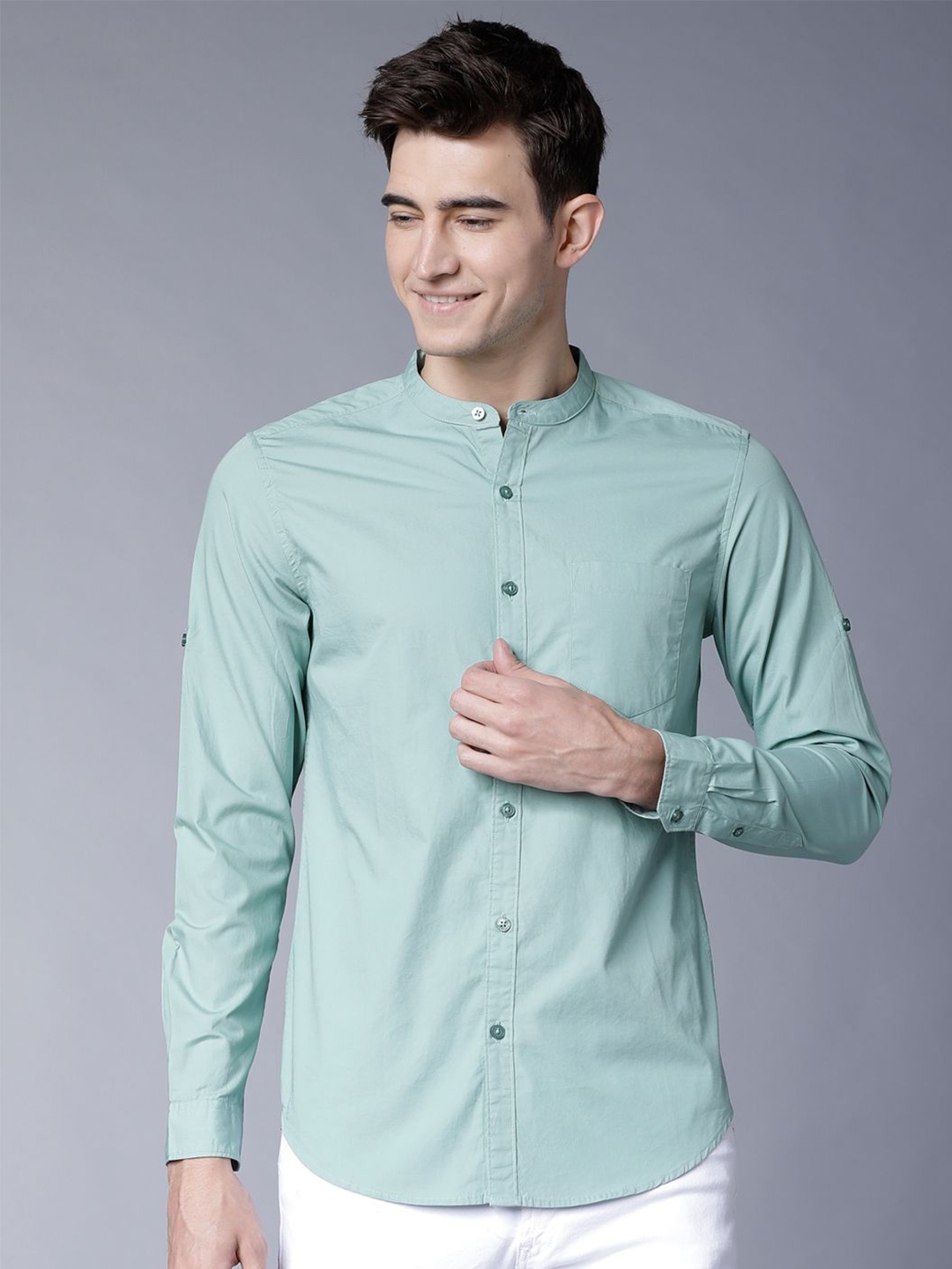 

HIGHLANDER Mandarin Collar Slim Fit Shirt, Blue