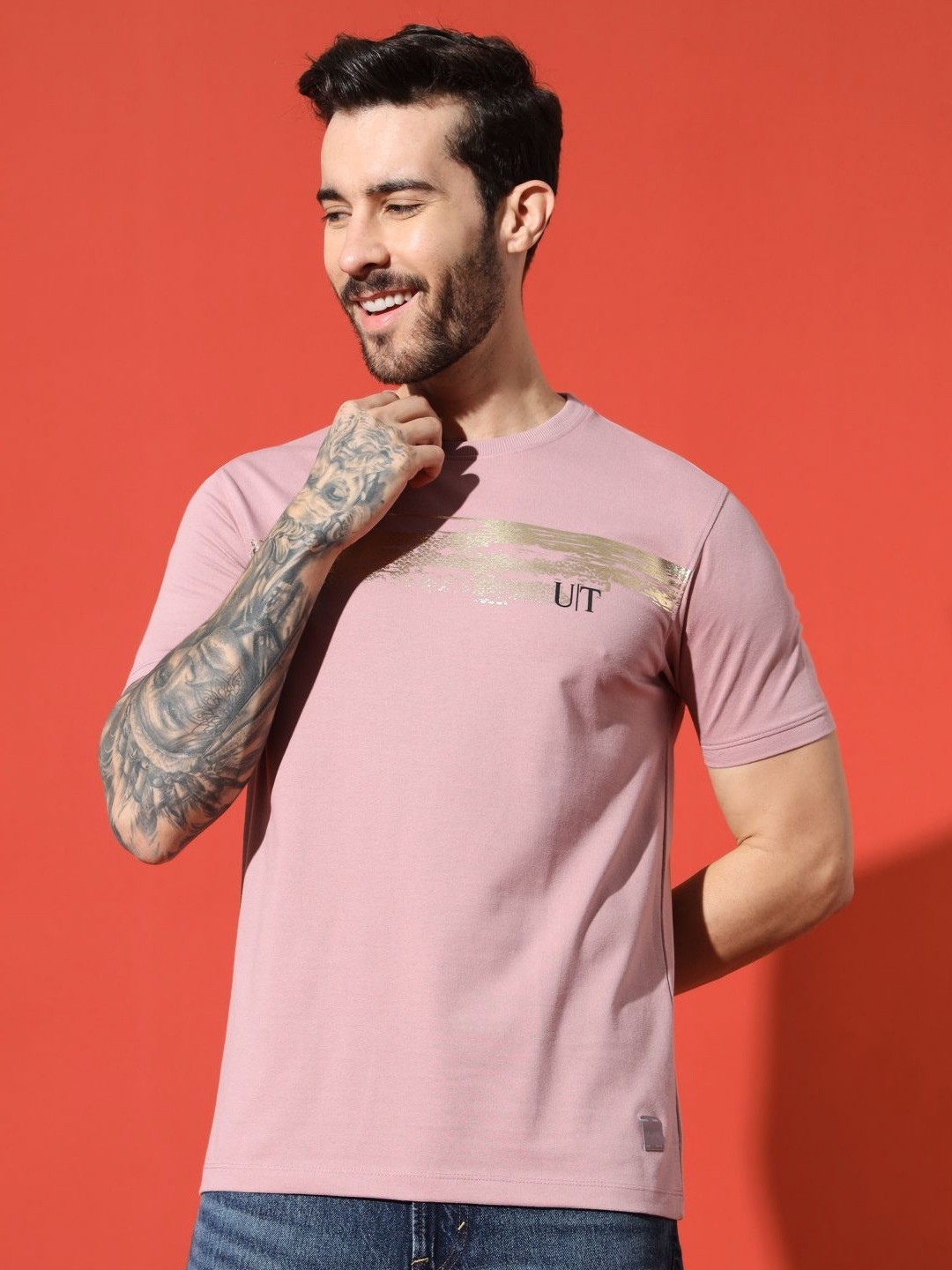 

URBAN TRAIL Men Abstract Printed Round Neck Cotton T-shirt, Peach