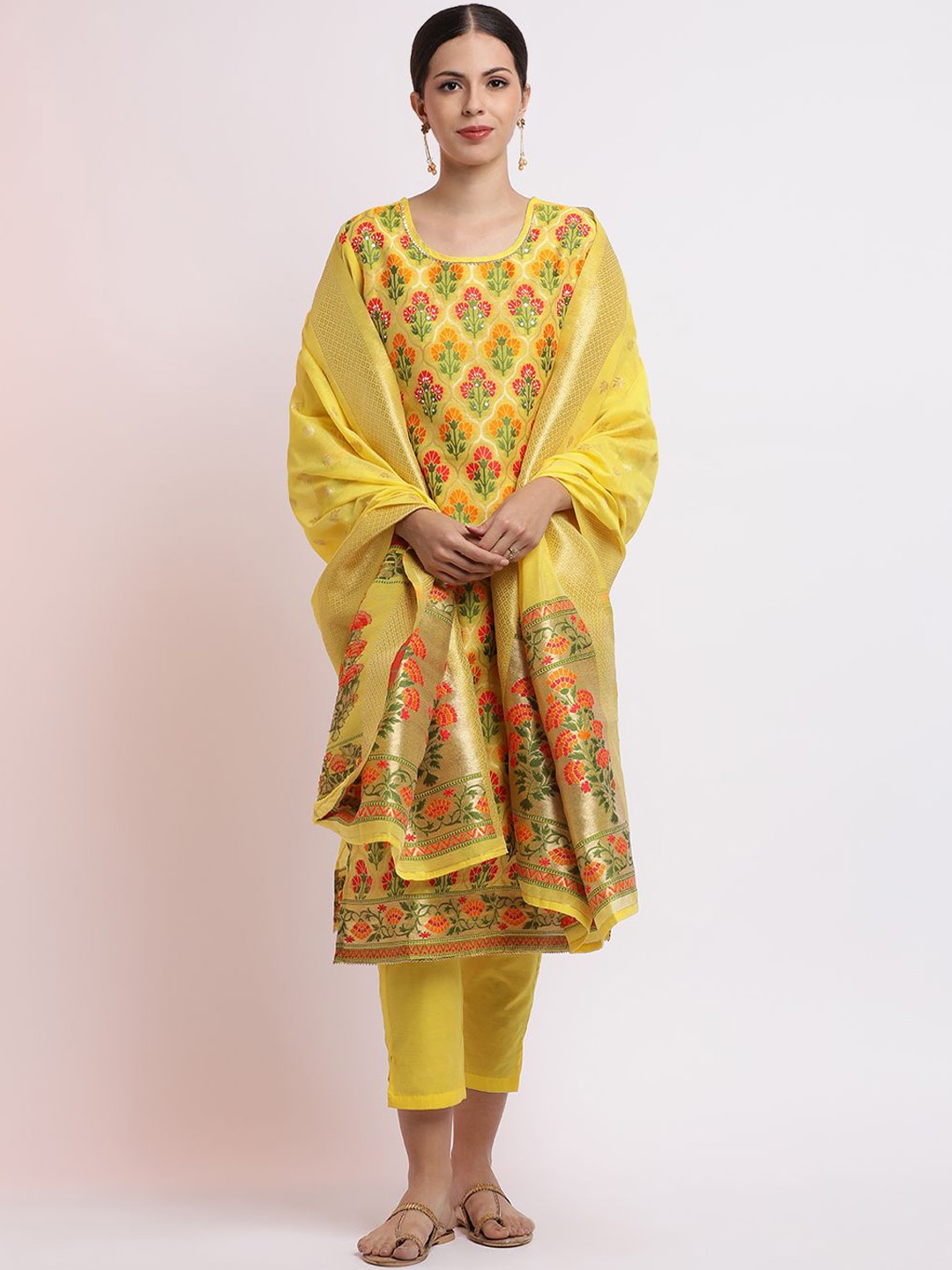 

Jaipur Kurti Woven Design Jacquard Kurta Set with Dupatta, Yellow