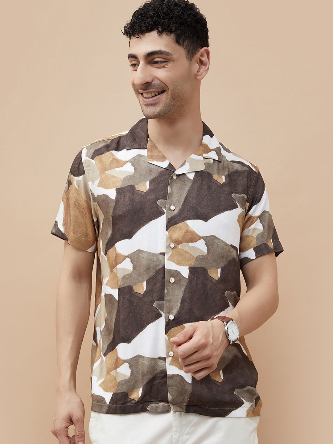 

CODE by Lifestyle Men Cuban Collar Abstract Printed Casual Shirt, Beige