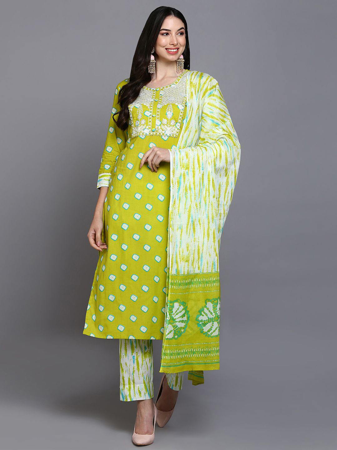 

KALINI Bandhani Printed Thread Work Pure Cotton Straight Kurta With Trousers & Dupatta, Green