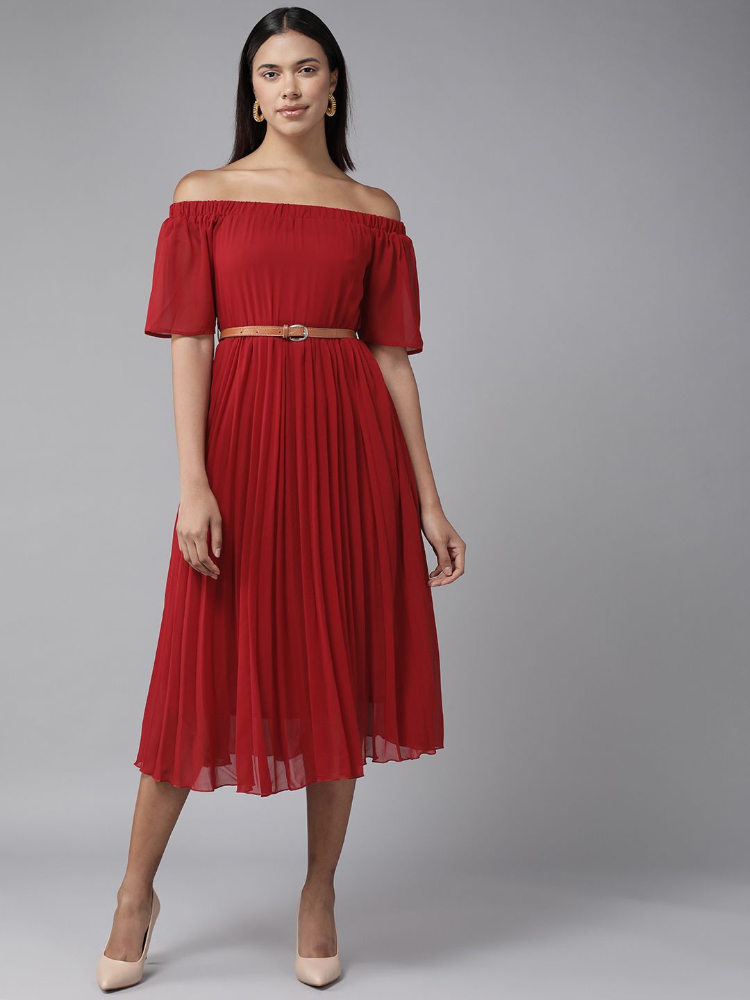 

BAESD Off-Shoulder Georgette Fit & Flare Midi Dress, Maroon