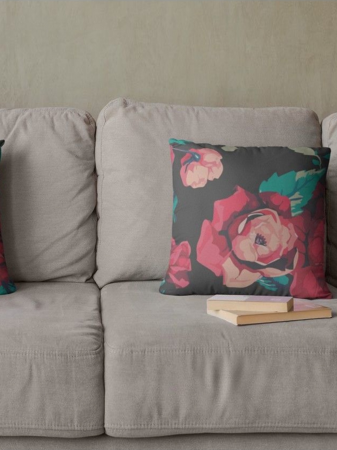 

THEYAYACAFE Grey & Pink 2 Pieces Floral Printed Velvet Square Cushion Covers