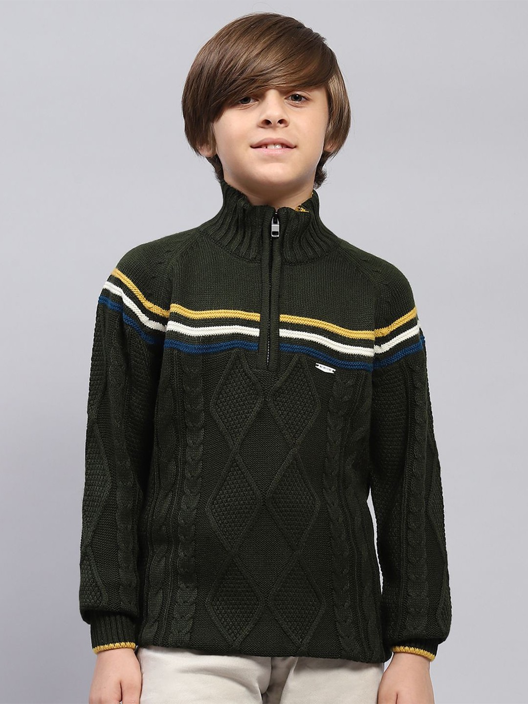 

Monte Carlo Boys Self Design Mock Collar Pullover, Olive