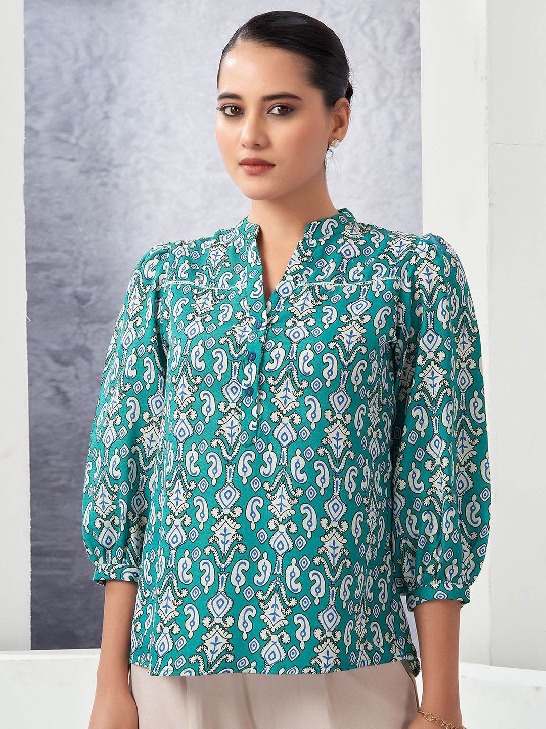 

Selvia Women Ethnic Motifs Printed Mandarin Collar Cotton Top, Blue