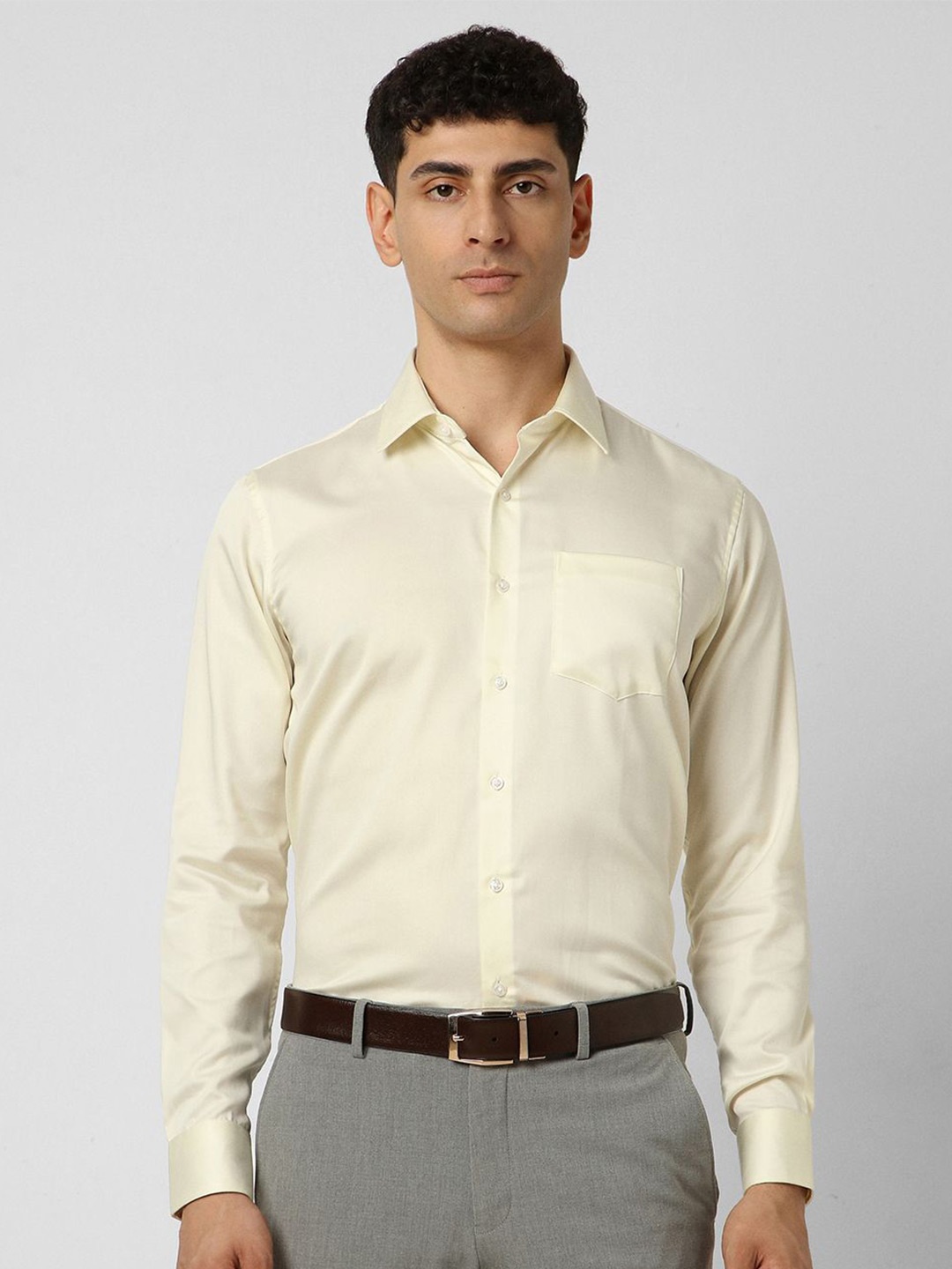 

Van Heusen Men Spread Collar Solid Cotton Slim Fit Formal Shirt, Beige