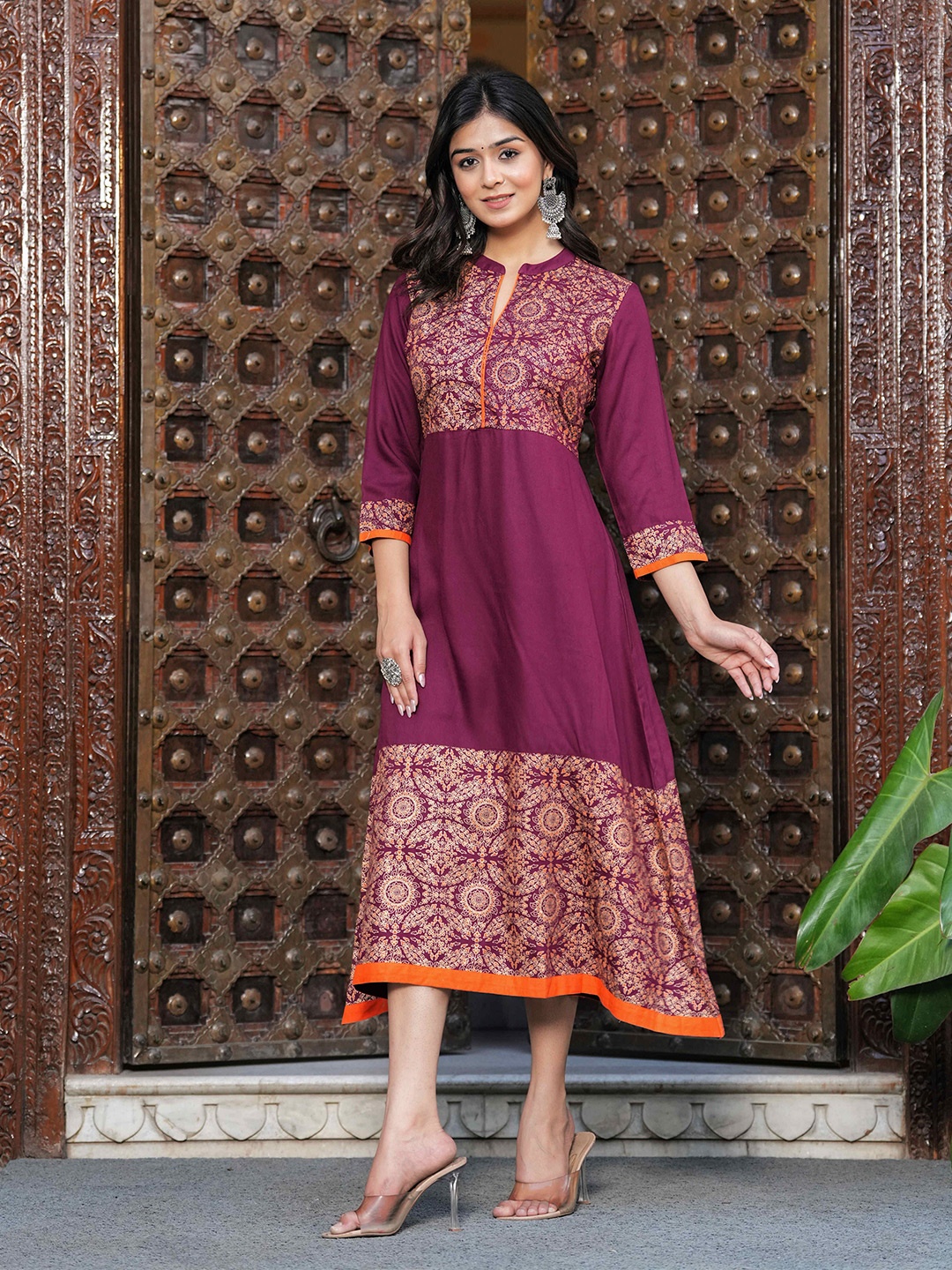 

SIDDHANAM Ethnic Motifs Print Fit and Flare Ethnic Dress, Burgundy