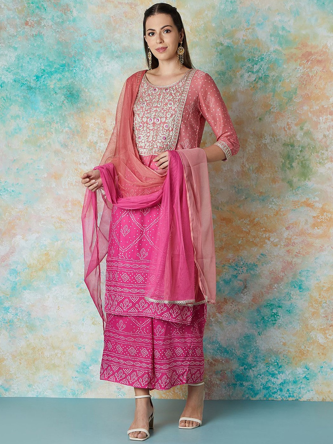 

Melange by Lifestyle Bandhani Printed Sequinned Straight Kurta with Palazzos & Dupatta, Pink