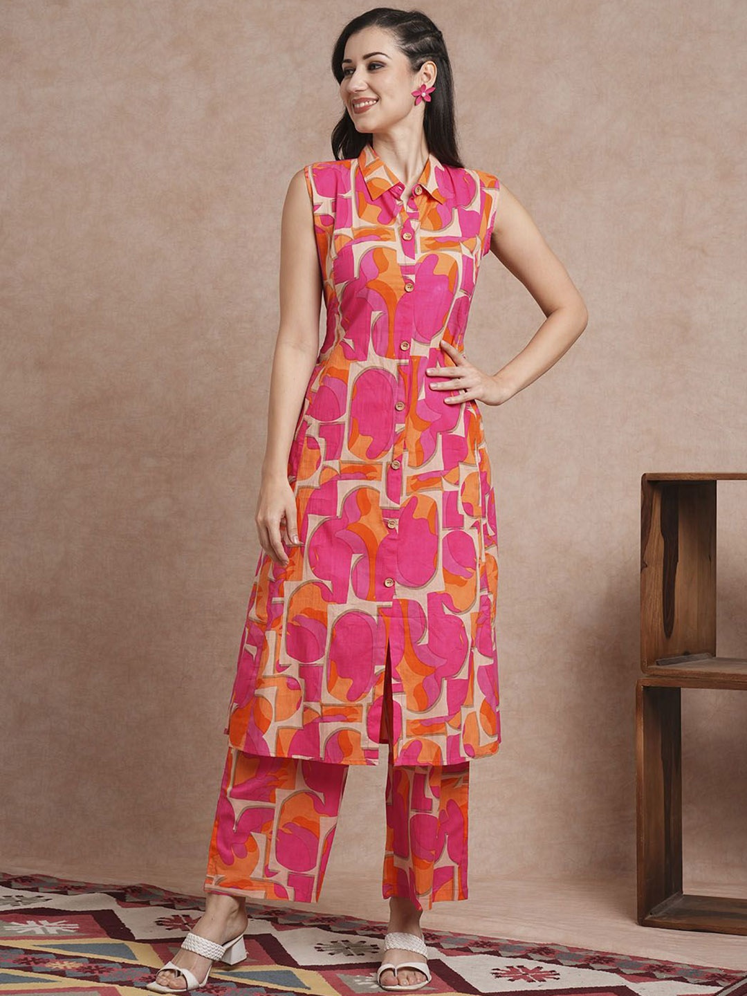 

FASHOR Printed Sleeveless Pure Cotton A-Line Tunic & Trouser, Pink