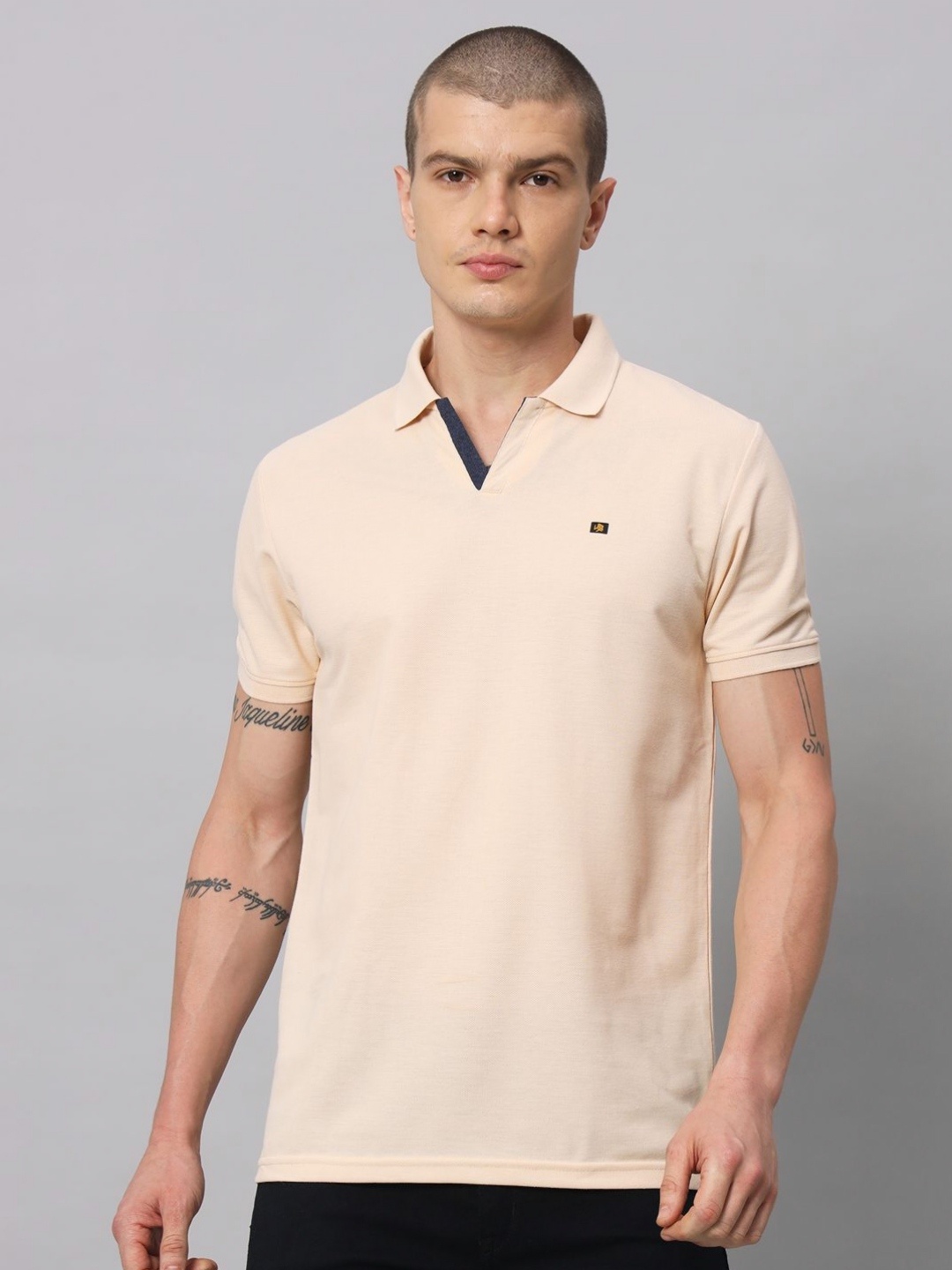 

URBAN TRAIL Men Solid Polo Collar Cotton T-shirt, Beige