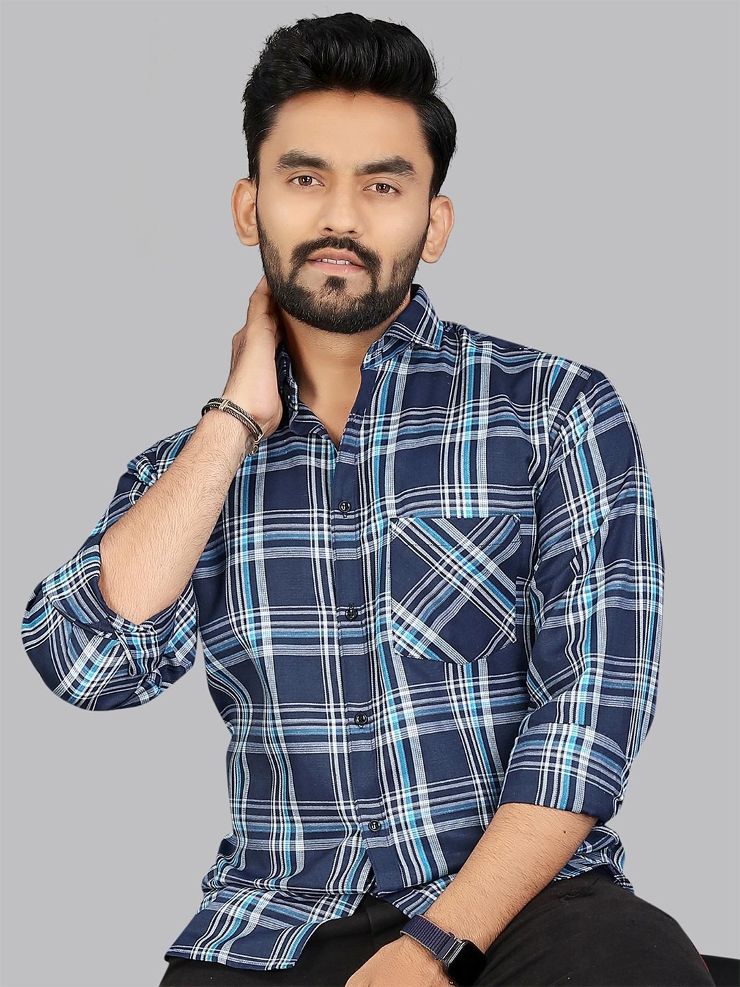 

ADWYN PETER Men Classic Spread Collar Tartan Checked Cotton Casual Shirt, Navy blue