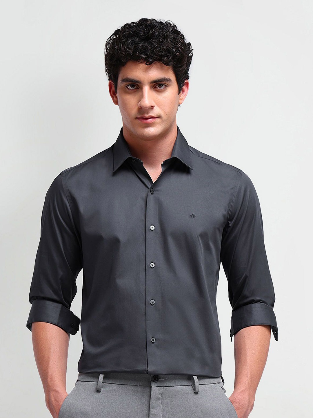 

Arrow New York Men Comfort Solid Cotton Slim Fit Formal Shirt, Grey
