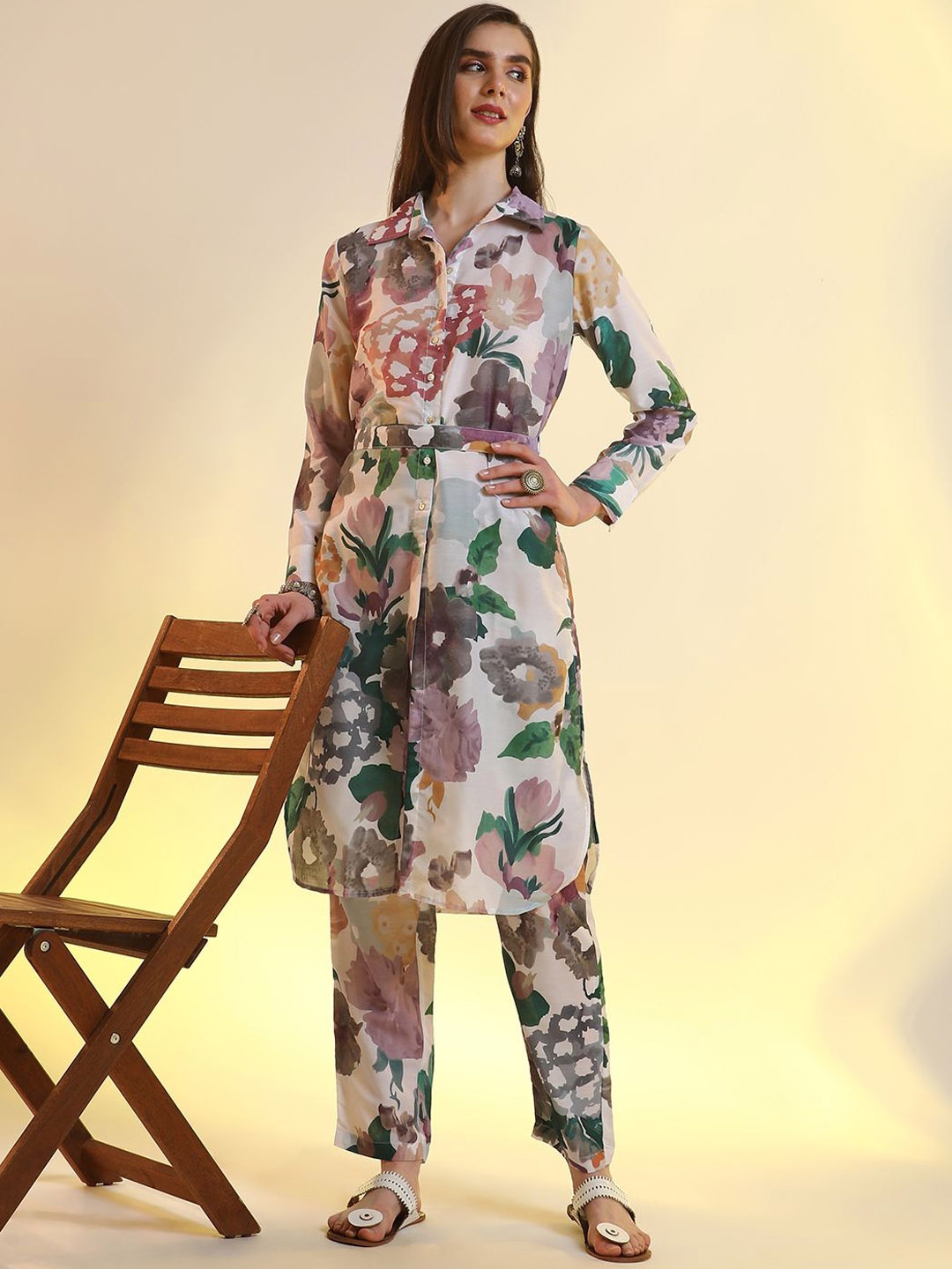 

QISSA Floral Printed Tunic with Trousers, White