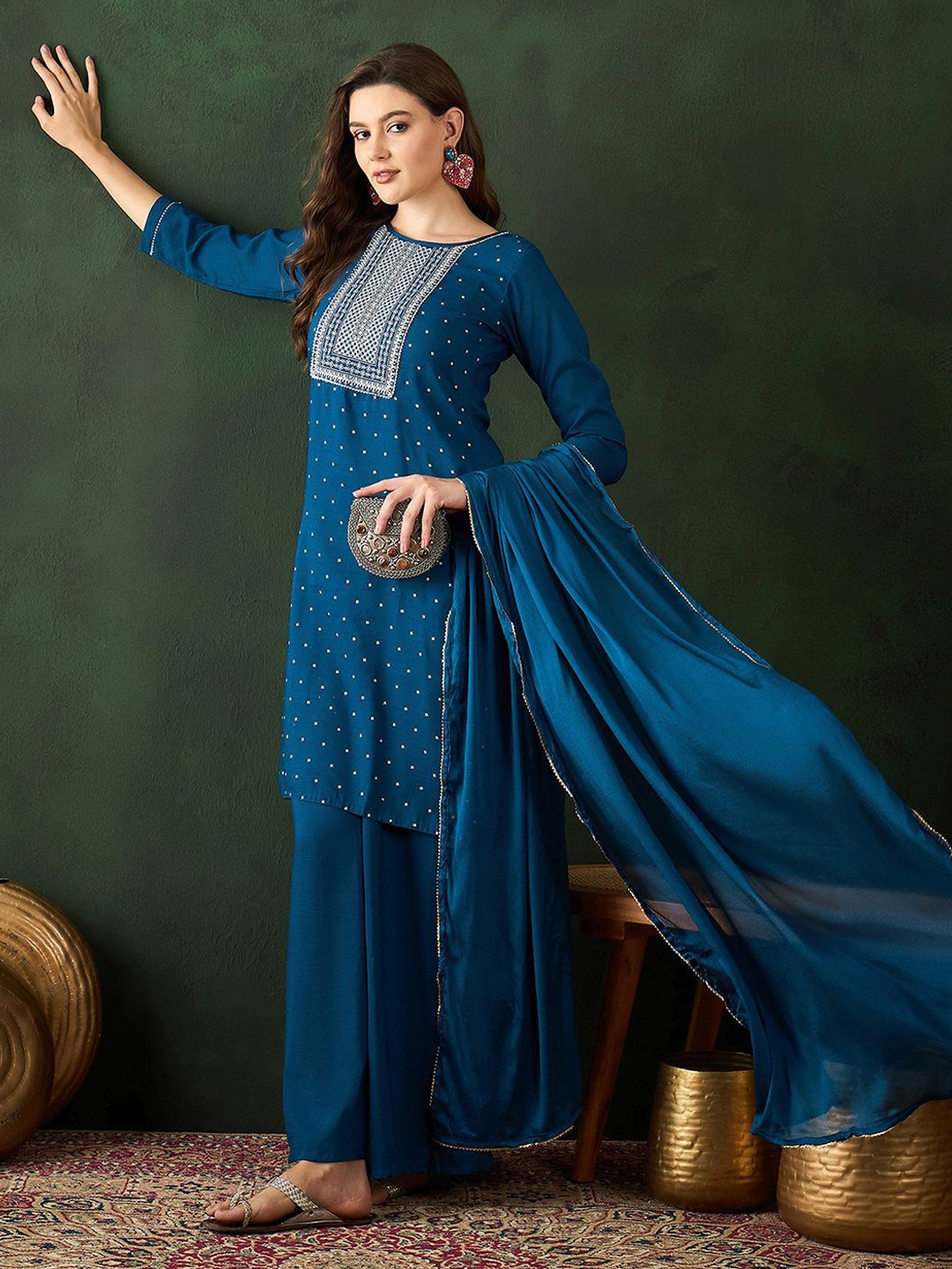 

Sangria Embroidered Straight Kurta Palazzo with Dupatta, Blue