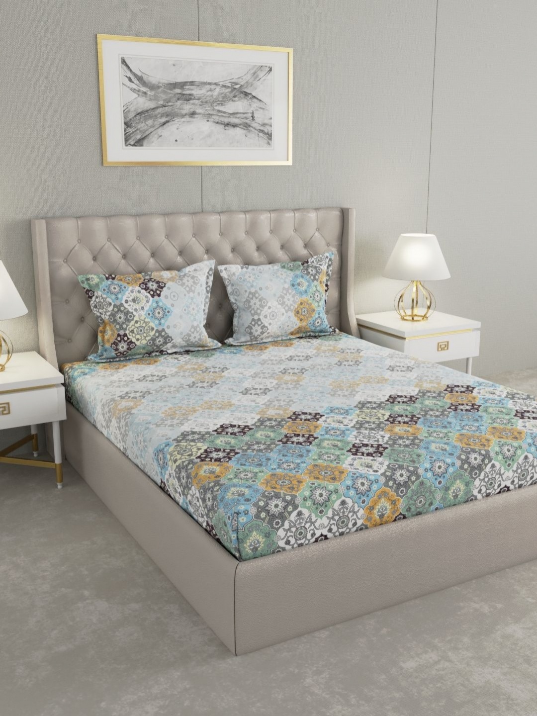

Raymond Home Blue Geometric Printed Cotton120 TC King Bedsheet With 2 Pillow Covers