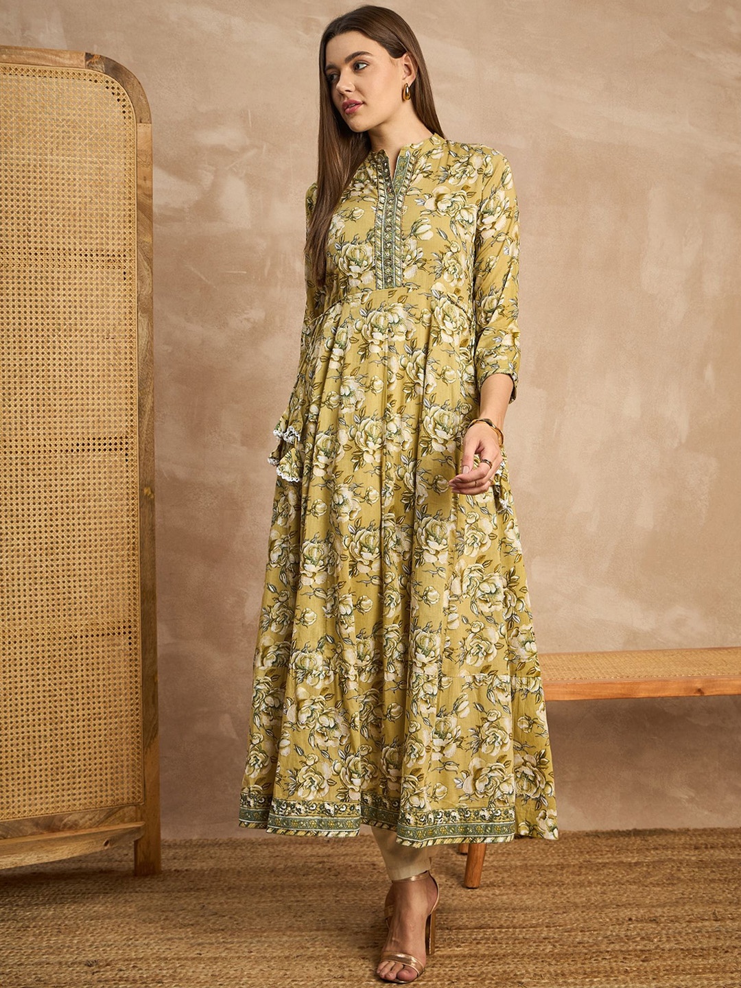 

all about you Floral Printed Pure Cotton Anarkali Kurta, Green