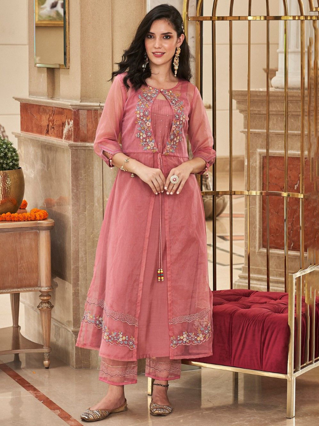 

AUTUMN LANE Floral Embroidered Regular Thread Work A-Line Kurta with Palazzos, Pink