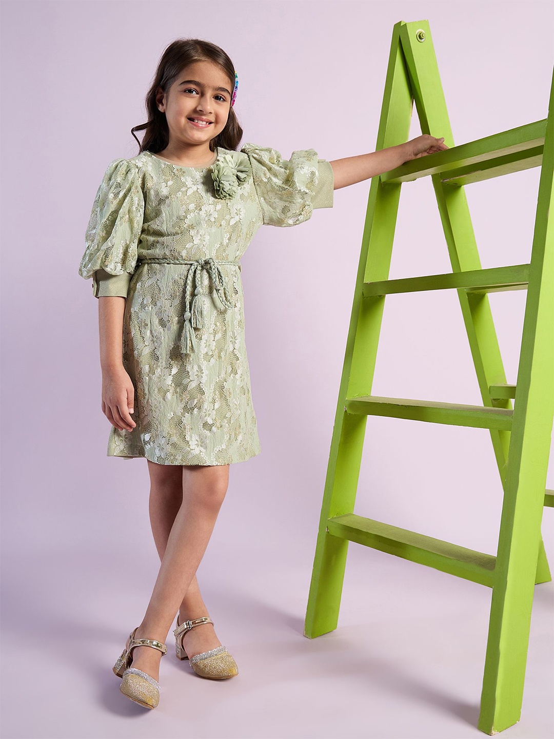 

Peppermint Girls Floral Flutter Sleeve Fit & Flare Dress, Green