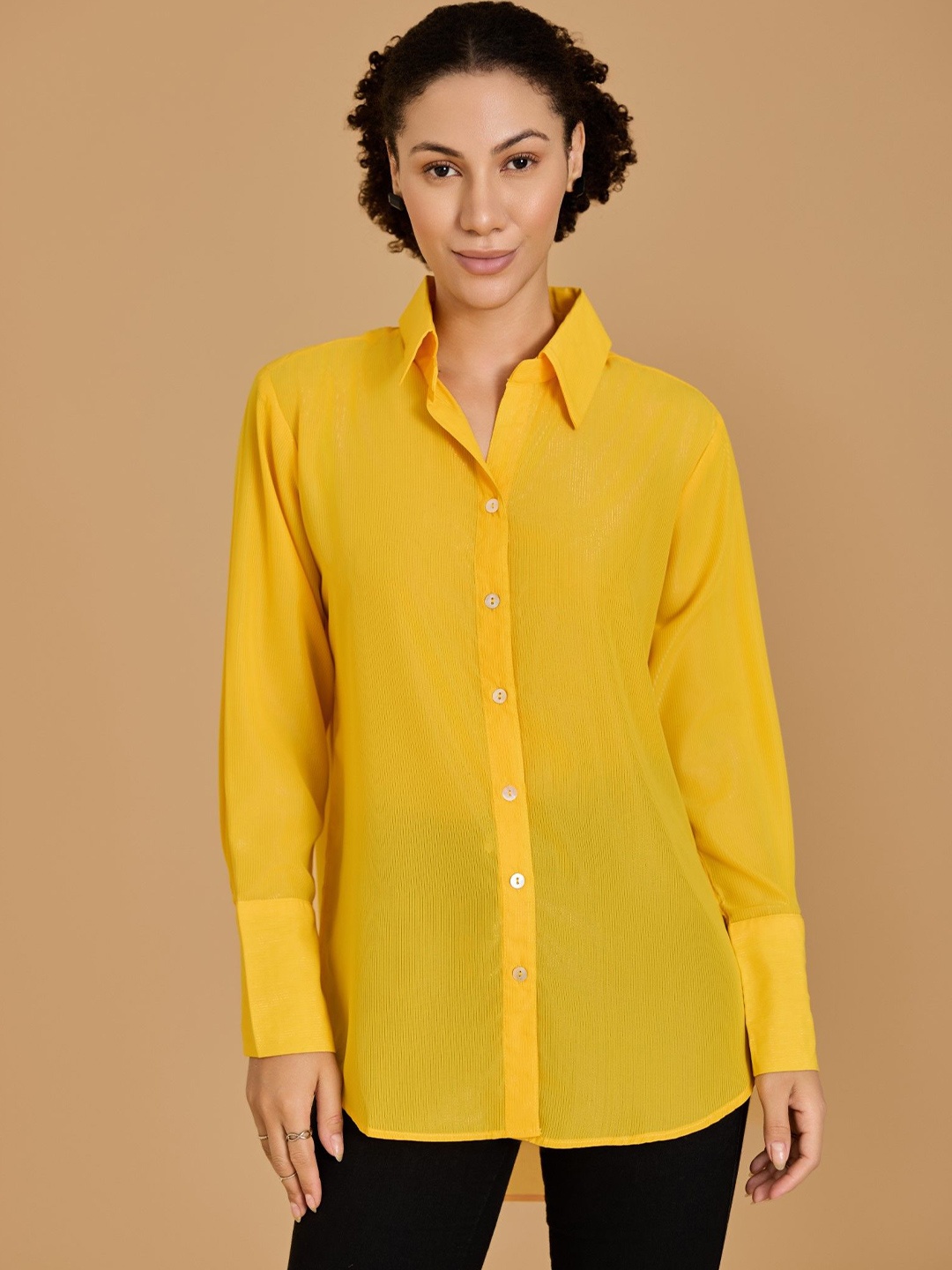 

Urban Sundari Women New Spread Collar Solid Cotton Casual Shirt, Yellow