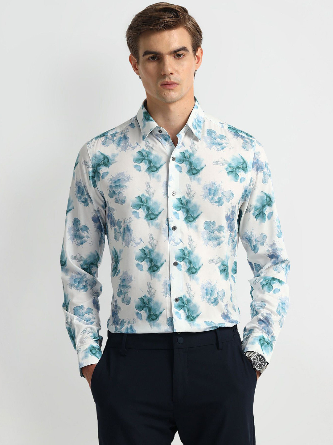 

Arrow New York Men Modern Spread Collar Floral Printed Cotton Slim Fit Formal Shirt, White