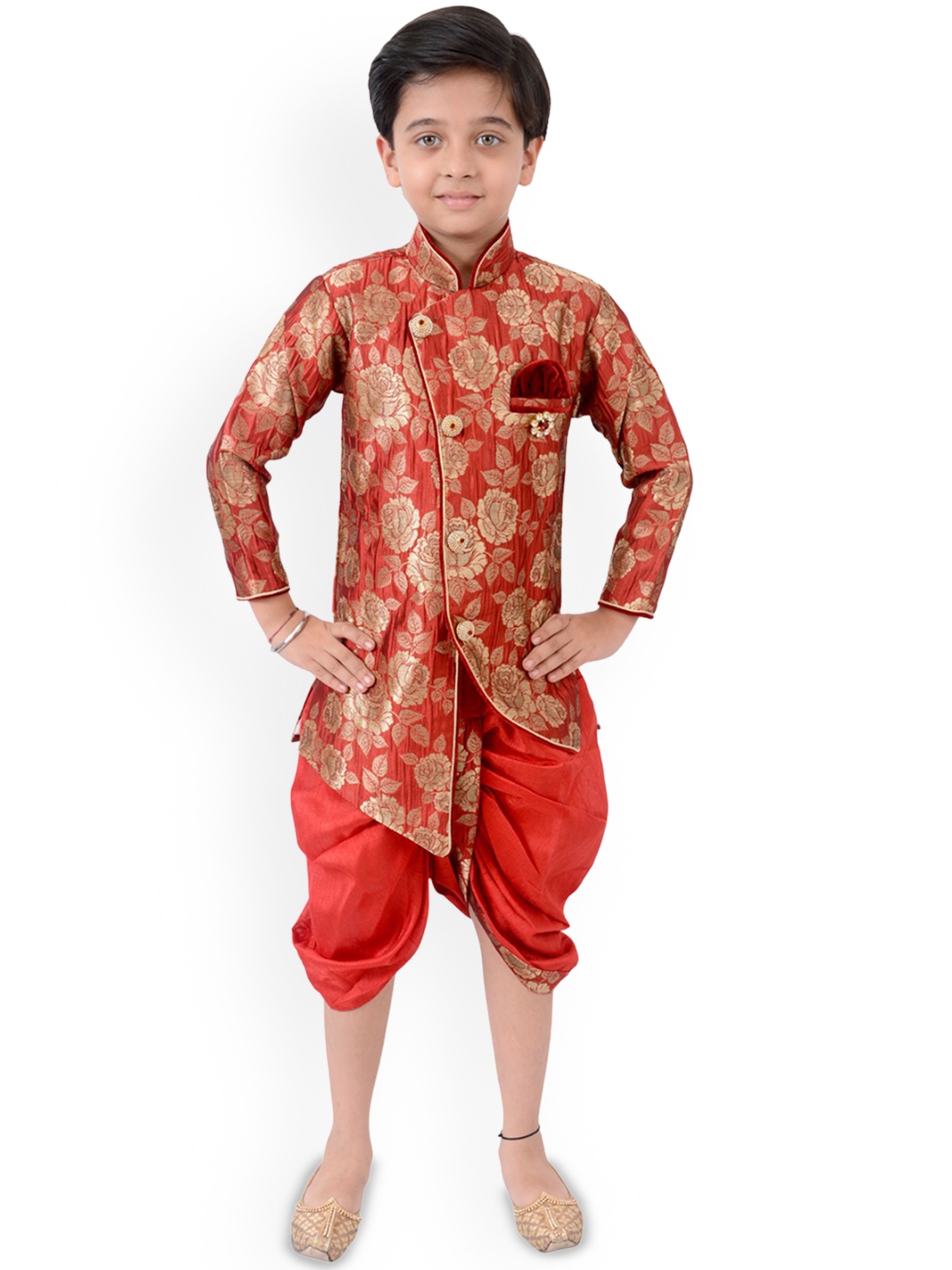 

Arshia Fashions Boys Floral Woven Design Angrakha Straight Kurta with Dhoti Pants, Red