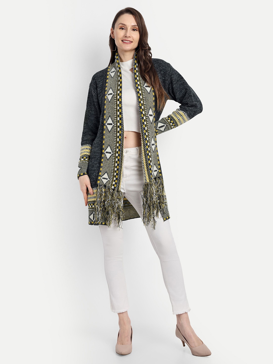 

HAUTEMODA Printed Front Open Woollen Sweater Shrug, Black