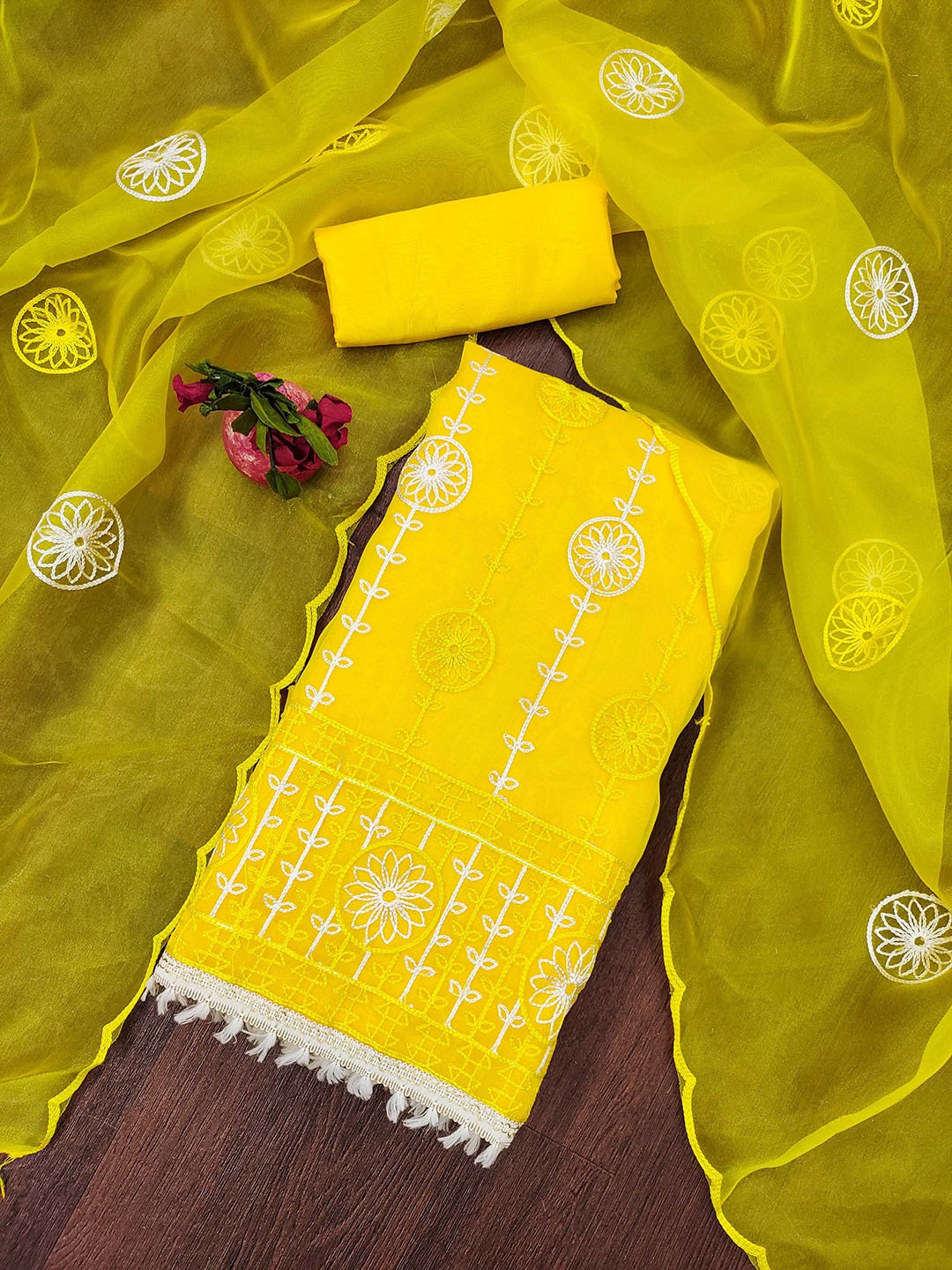 

Ishin Ethnic Motifs Embroidered Thread Work Organza Unstitched Dress Material, Yellow