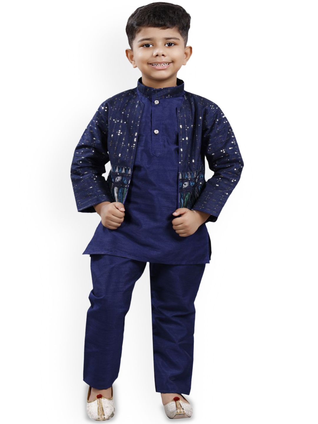 

BAESD Boys Band Collar Regular Straight Kurta with Trousers & Waistcoat, Navy blue