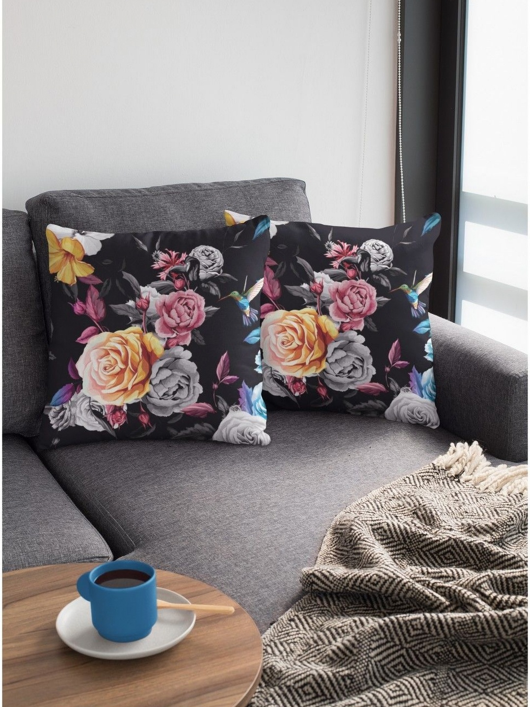 

THEYAYACAFE Black & Pink 2 Pieces Floral Velvet Square Cushion Covers