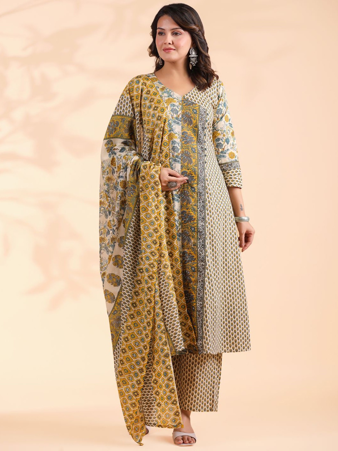 

Vbuyz Floral Printed Angrakha Pure Cotton A-Line Kurta With Palazzos & Dupatta, Yellow