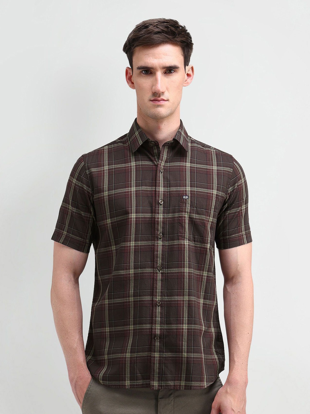 

Arrow Sport Men Classic Spread Collar Tartan Checked Cotton Casual Shirt, Brown