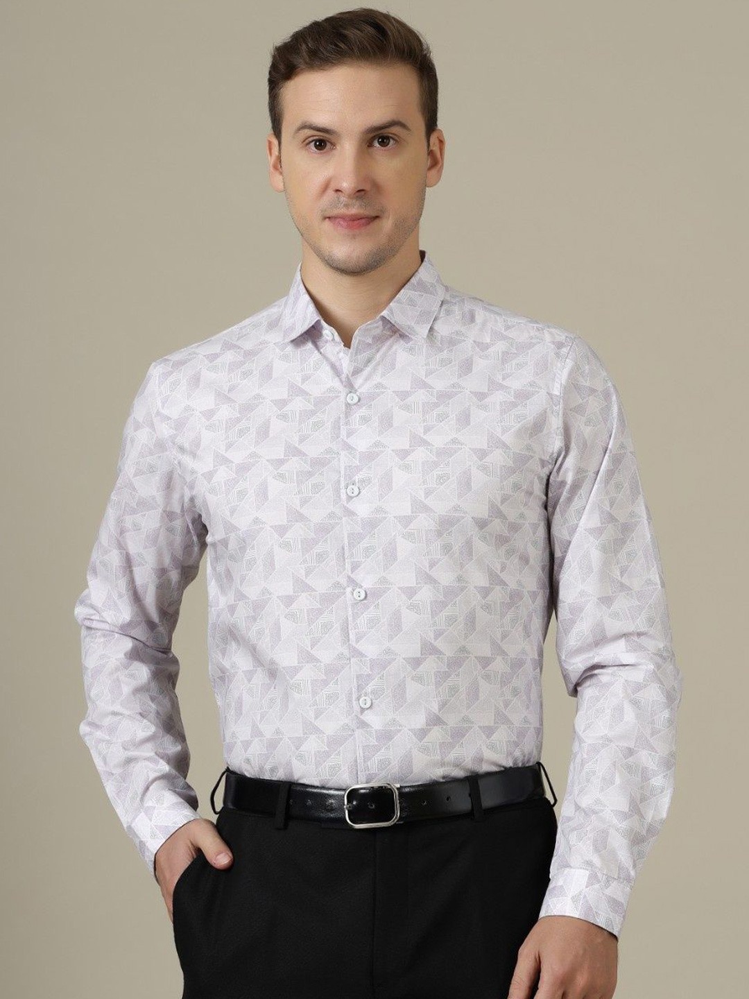 

Gavin Paris Men Original Spread Collar Geometric Printed Cotton Semiformal Shirt, Lavender